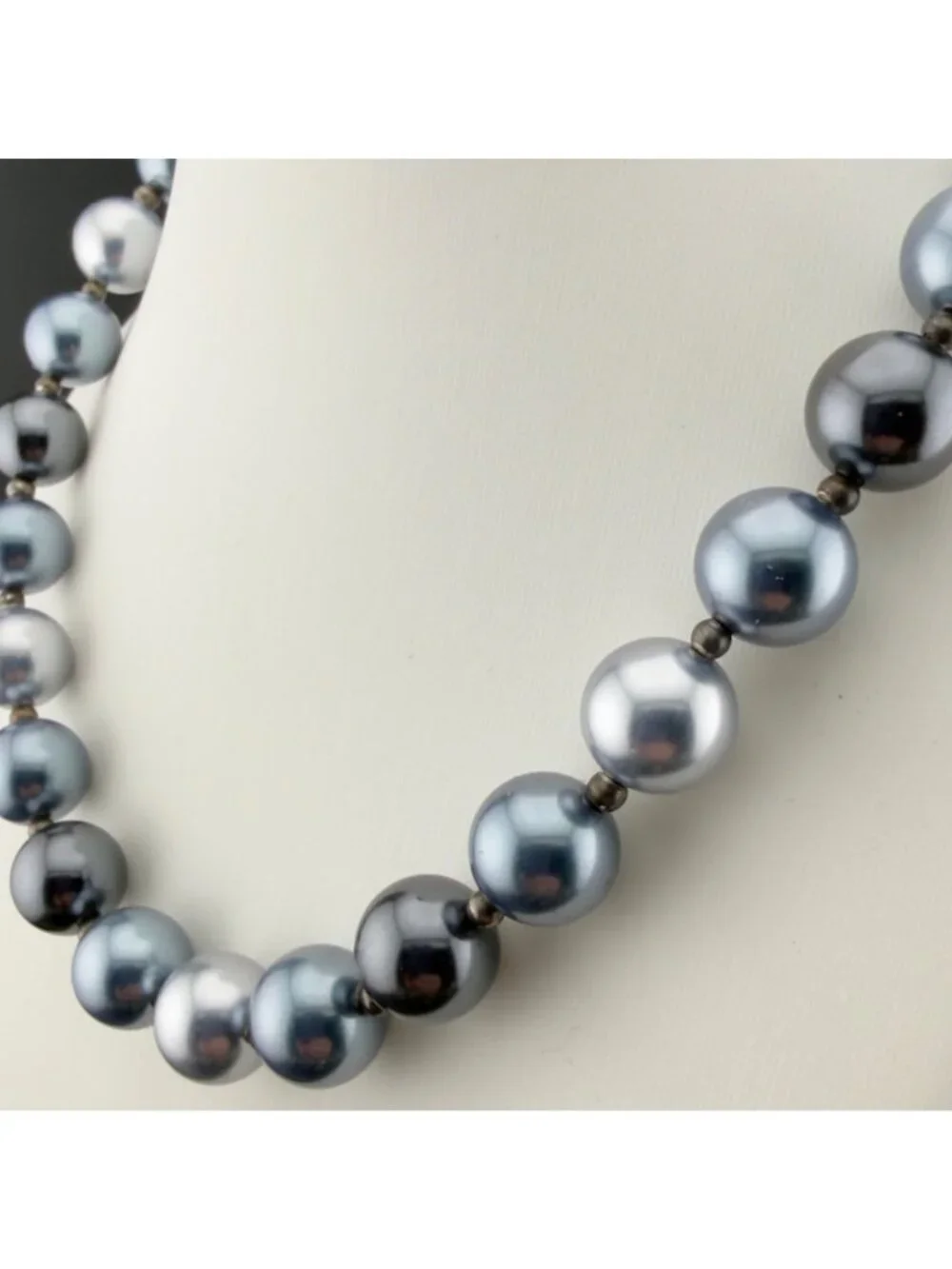 Gray Glass Bead Faux Pearl Necklace Large Luster Chunky 15 inch